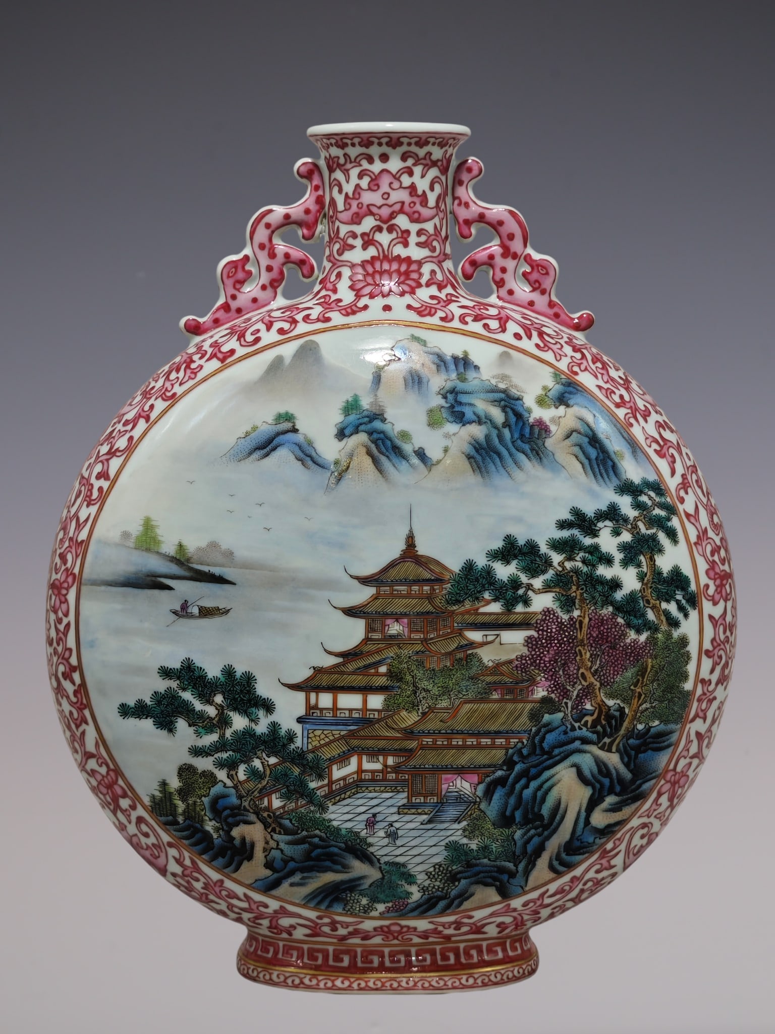 An Exquisite Ruby Red-Glazed Lotus Pattern Landscape Pattern Double-Ears Vase - 3