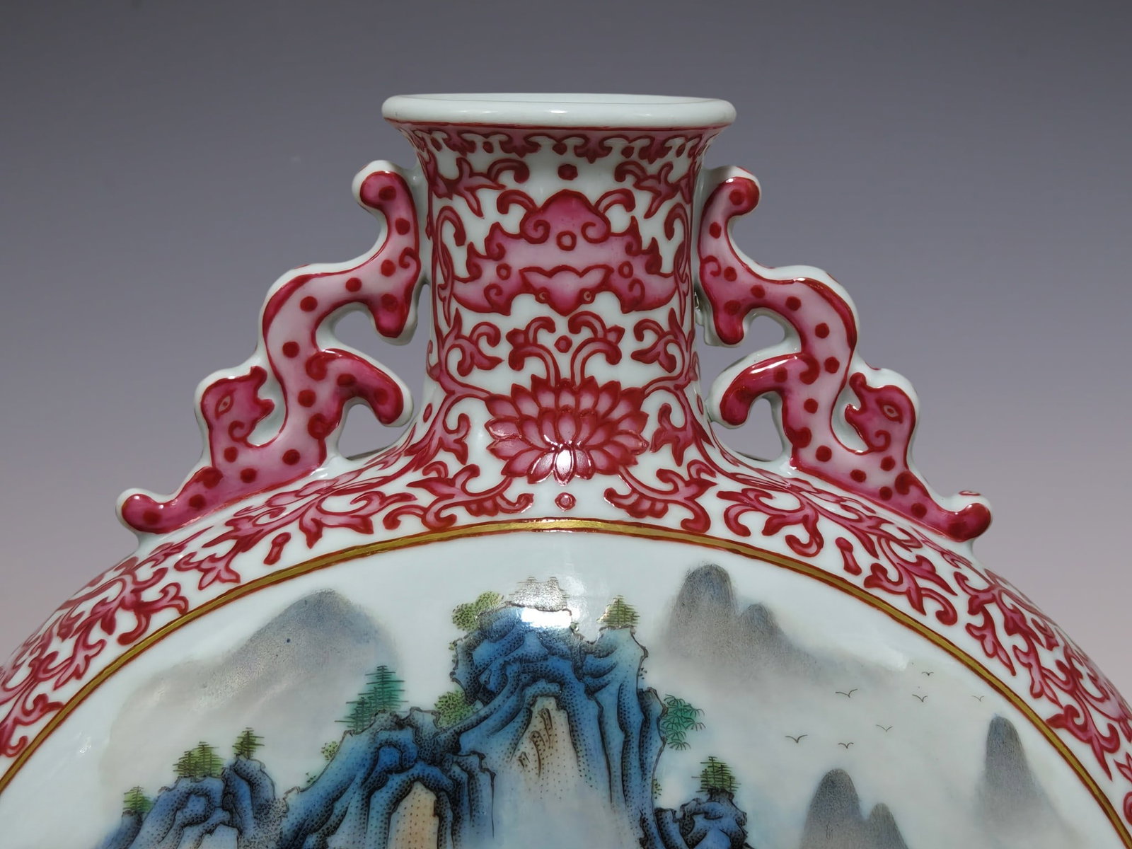 An Exquisite Ruby Red-Glazed Lotus Pattern Landscape Pattern Double-Ears Vase - 4
