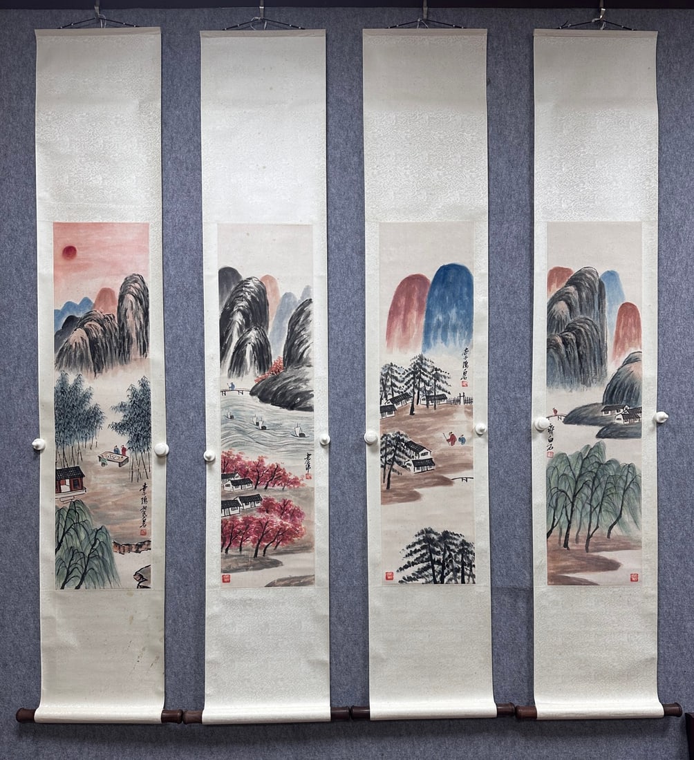 A Chinese Vertical Scroll Ink Painting of Landscape on Paper: A Chinese Vertical Scroll Ink Painting of Landscape on Paper Qi baishi Without frame Size:9.8inx38.6inx4齐白石山水四条