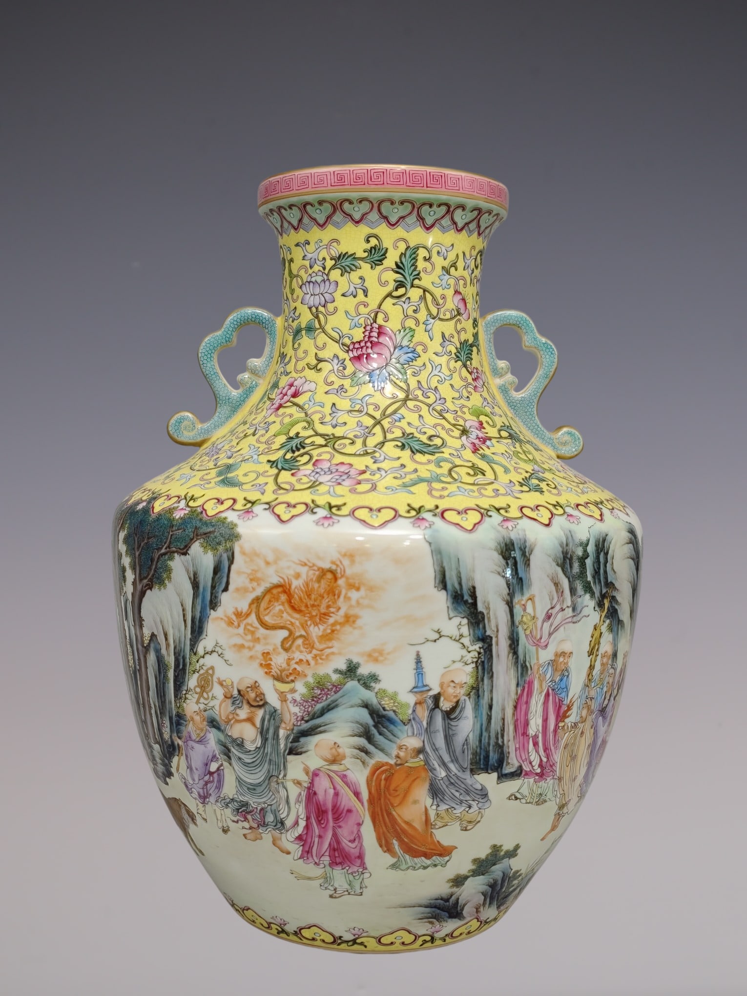 An Exquisite Famille-Rose Lotus Pattern Character and Story Pattern with poem Double-Ears Vase: An Exquisite Famille-Rose Lotus Pattern Character and Story Pattern with poem Double-Ears Vase Qing Dynasty, China Qianlong Six-character Mark Size:15inx11in粉彩缠枝莲