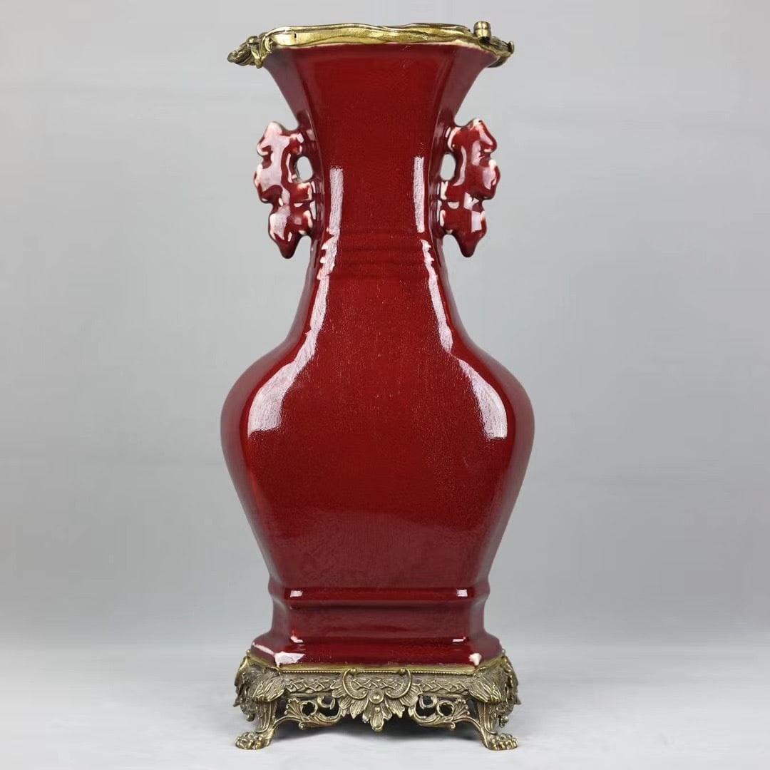 An Exquisite Ji Red Glazed Inlaid Bronze Double-Ears Vase: An Exquisite Ji Red Glazed Inlaid Bronze Double-Ears Vase Qing Dynasty, China Yongzheng Six-character Mark