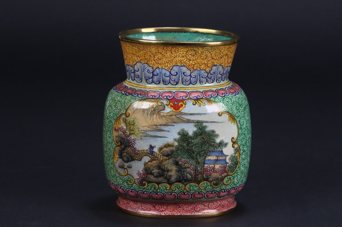 An Exquisite Bronze Painted Enamel Landscape Pattern Vase (1 of 9)