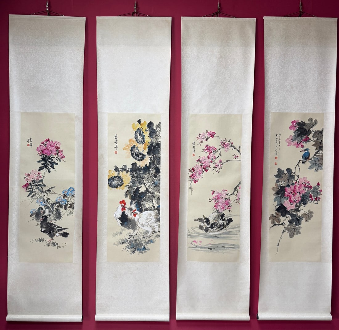 A Chinese Vertical Scroll Ink Painting of Flower and Bird on Paper: A Chinese Vertical Scroll Ink Painting of Flower and Bird on Paper Zhang shuqi Without frame Size:13.4inx37.4inx4张书旗花鸟 纸本立轴Without frame