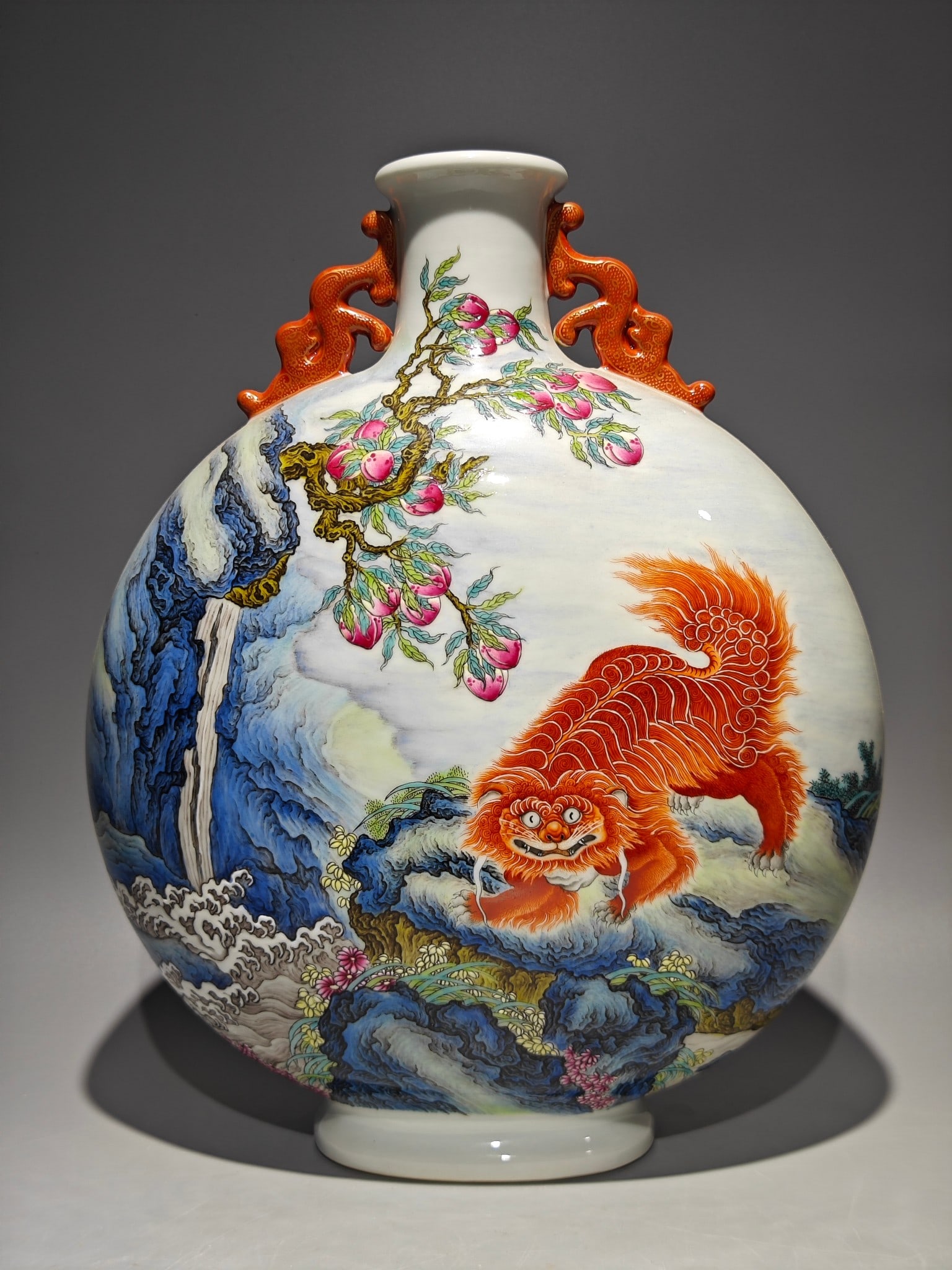 An Exquisite Famille-Rose Auspicious Beast Pattern with poem Double-Ears Vase: An Exquisite Famille-Rose Auspicious Beast Pattern with poem Double-Ears Vase Qing Dynasty, China Qianlong Four-character Mark