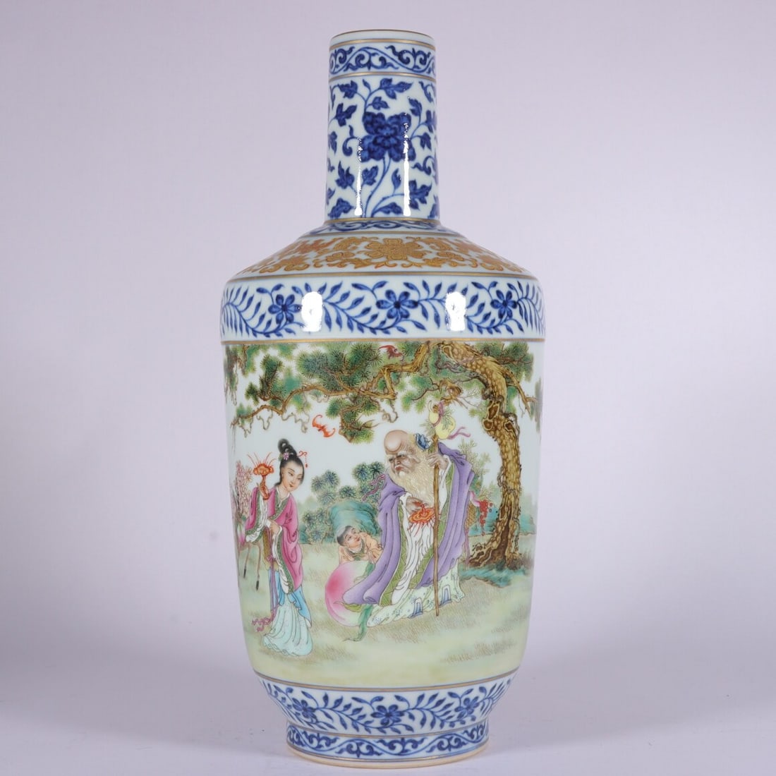 A Exquisite Blue and White Famille-Rose Figures Pattern Vase: A Exquisite Blue and White Famille-Rose Figures Pattern Vase,Qing Dynasty, China,Qianlong Six-character Mark,Size:11.8inx5.1in 青花粉彩人物纹瓶,中