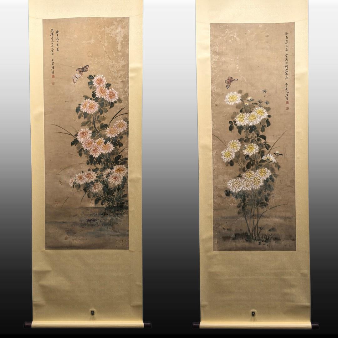 A pair of Chinese Vertical Scroll Ink Paintings of Flower on Paper: A pair of Chinese Vertical Scroll Ink Paintings of Flower on Paper,Qing Dynasty, China,Ju Lian,without frame size:18.9inx51.1in