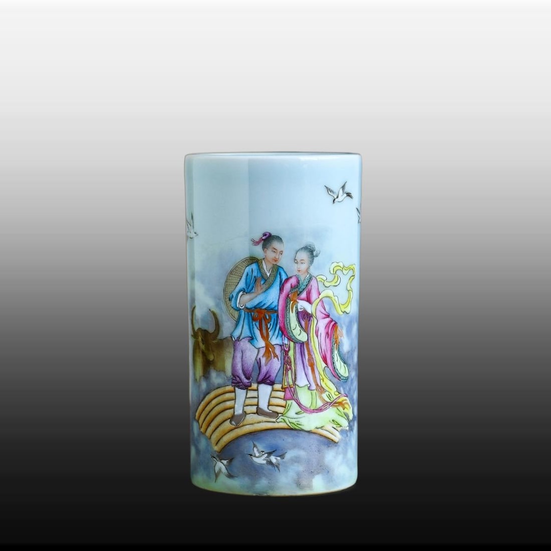 A Exquisite Famille-Rose Character and Story Pattern Brush Pot: A Exquisite Famille-Rose Character and Story Pattern Brush Pot,Qing Dynasty, China,Qianlong Four-character Mark,Size:5.1inx2.8in