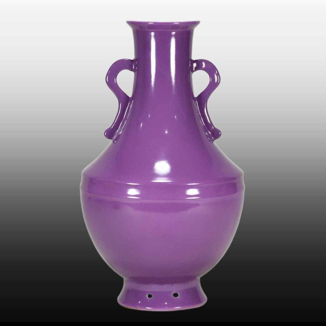 A Exquisite Aubergine Glazed Double-Ears Vase: A Exquisite Aubergine Glazed Double-Ears Vase,Qing Dynasty, China,Qianlong Six-character Mark,Size:9.8inx5.9in