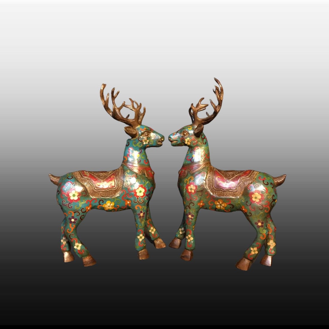 A pair of Exquisite Coppery Cloisonne Lotus Pattern Sika Deer Ornament: A pair of Exquisite Coppery Cloisonne Lotus Pattern Sika Deer Ornament,Ming Dynasty, China,Size:7.9inx4.3in ,Weight:5000g