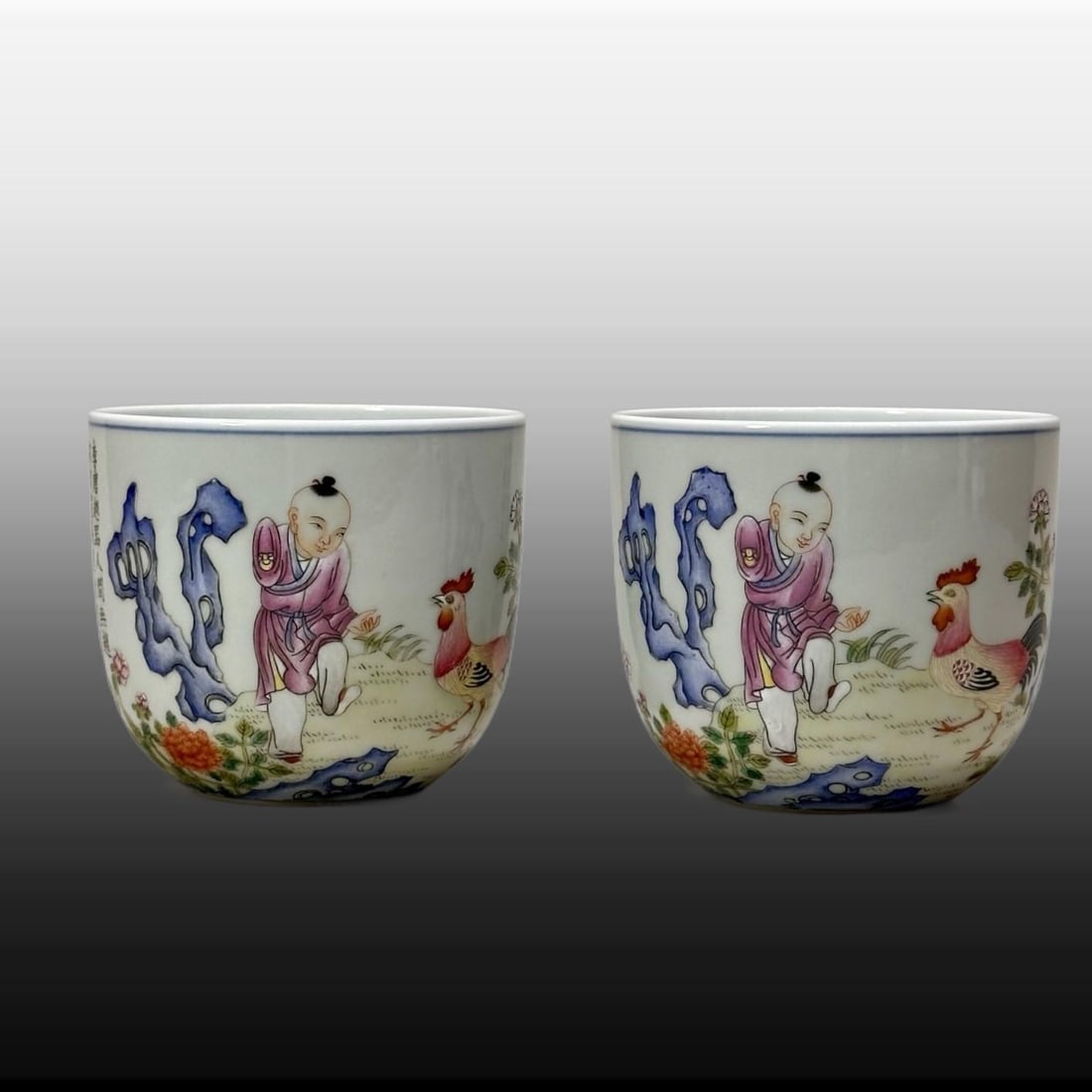 A pair of Exquisite Famille-Rose Figures Pattern Cup: A pair of Exquisite Famille-Rose Figures Pattern Cup,Qing Dynasty, China,Qianlong Six-character Mark,Size:2.8inx3.2inx1.8in