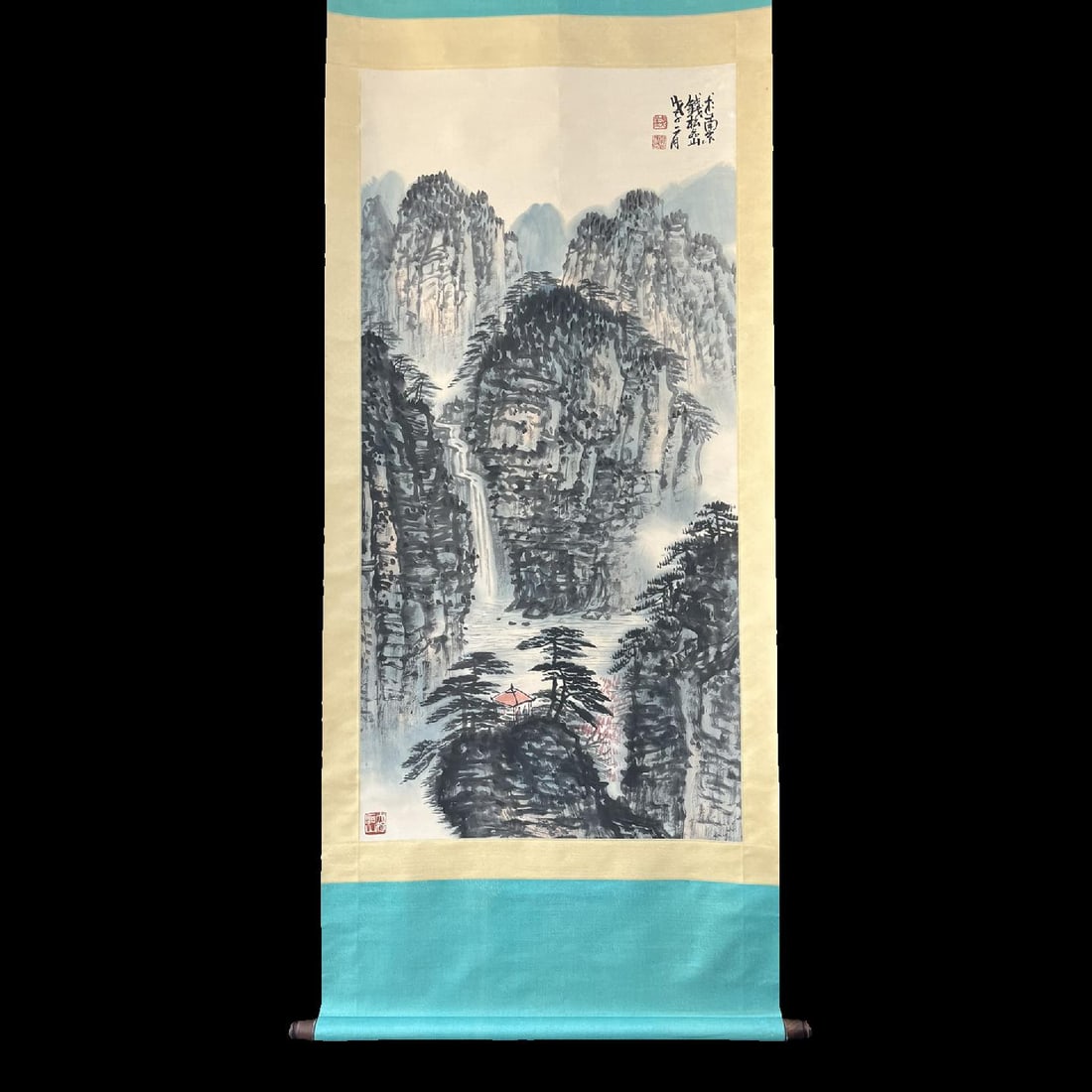 A Chinese Vertical Scroll Ink Painting of Landscape on Paper: A Chinese Vertical Scroll Ink Painting of Landscape on Paper,Modern Time of China,Qian Songyan,without frame size:26.2inx53.5in