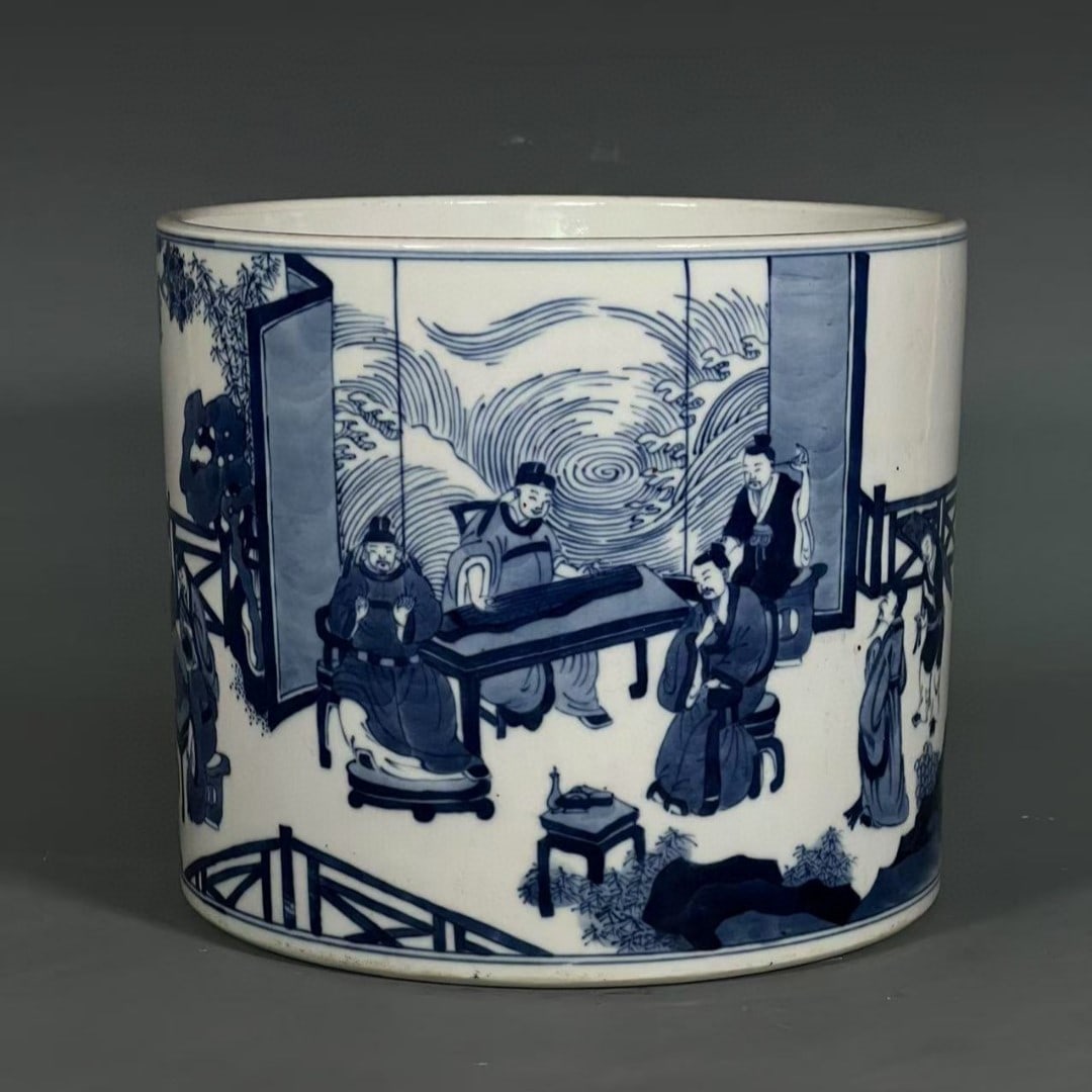 A Exquisite Blue and White Figures Pattern Brush Pot: A Exquisite Blue and White Figures Pattern Brush Pot,Qing Dynasty, China,Kangxi Six-character Mark,Size:6.4inx7.8inx7.3in