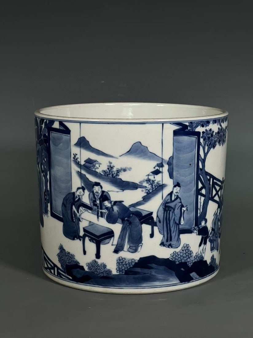 A Exquisite Blue and White Figures Pattern Brush Pot - 4