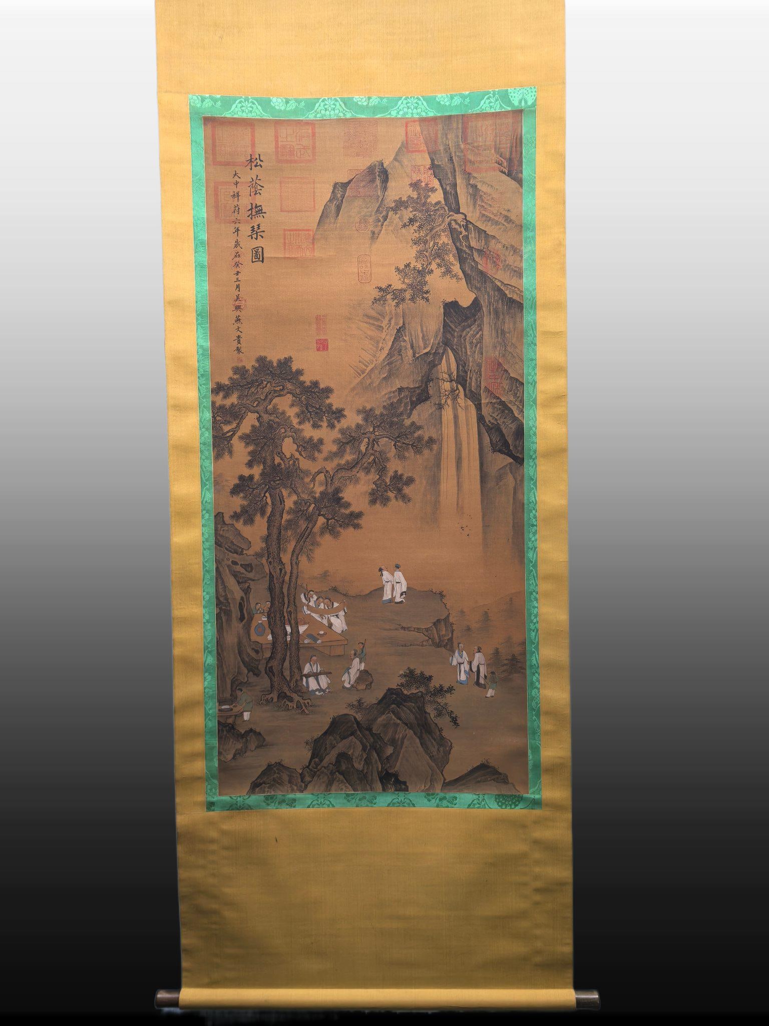 A Chinese Vertical Scroll Ink Painting of Landscape on Silk: A Chinese Vertical Scroll Ink Painting of Landscape on Silk,Song Dynasty, China,Yan Wengui,without frame size:24.8inx53.5in