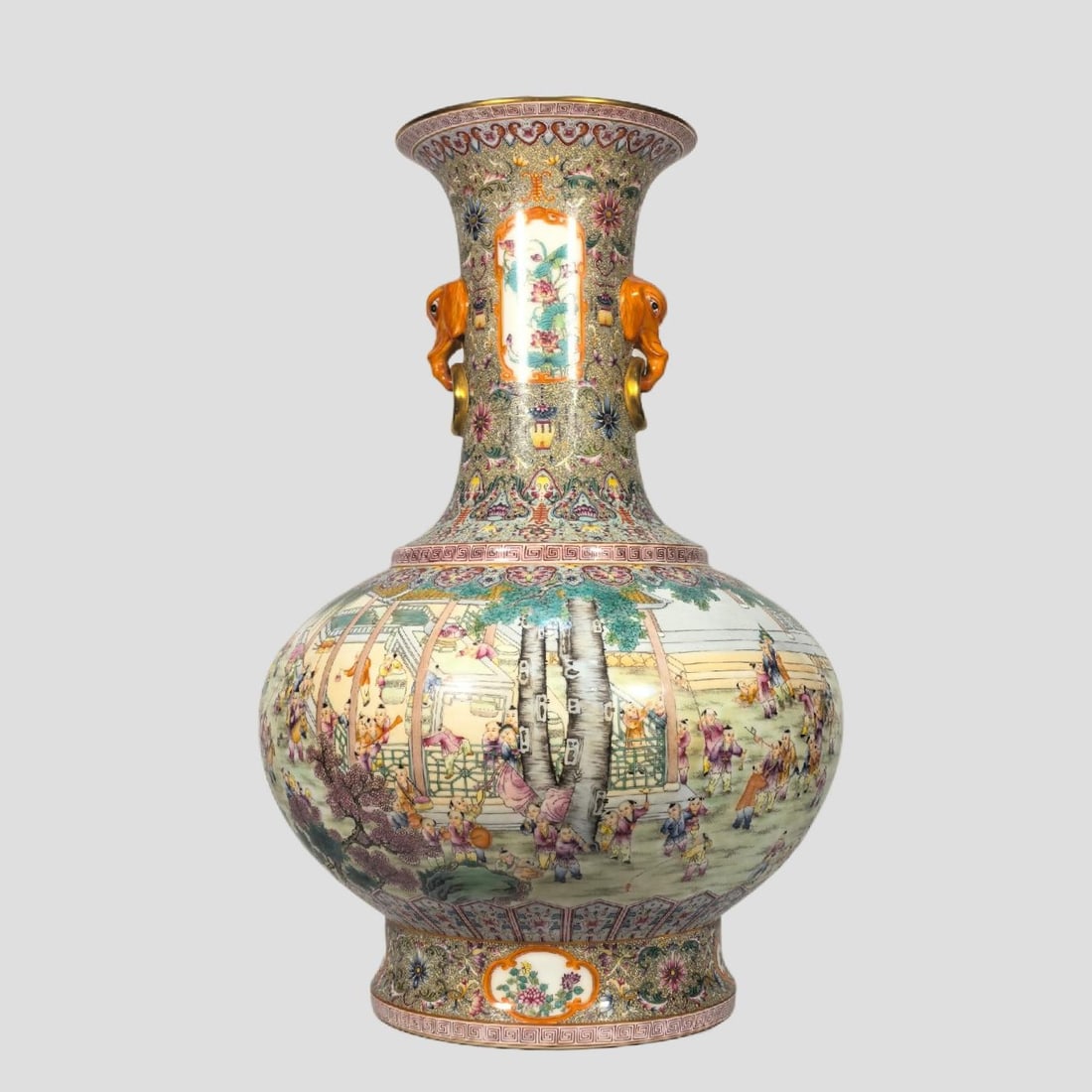 A Exquisite Enamel Figures Pattern Elephant-Ears Vase: A Exquisite Enamel Figures Pattern Elephant-Ears Vase,Qing Dynasty, China,Qianlong Four-character Mark,Size:22.8inx8.3inx15.7inx9.4in 珐琅彩人物纹象耳&#