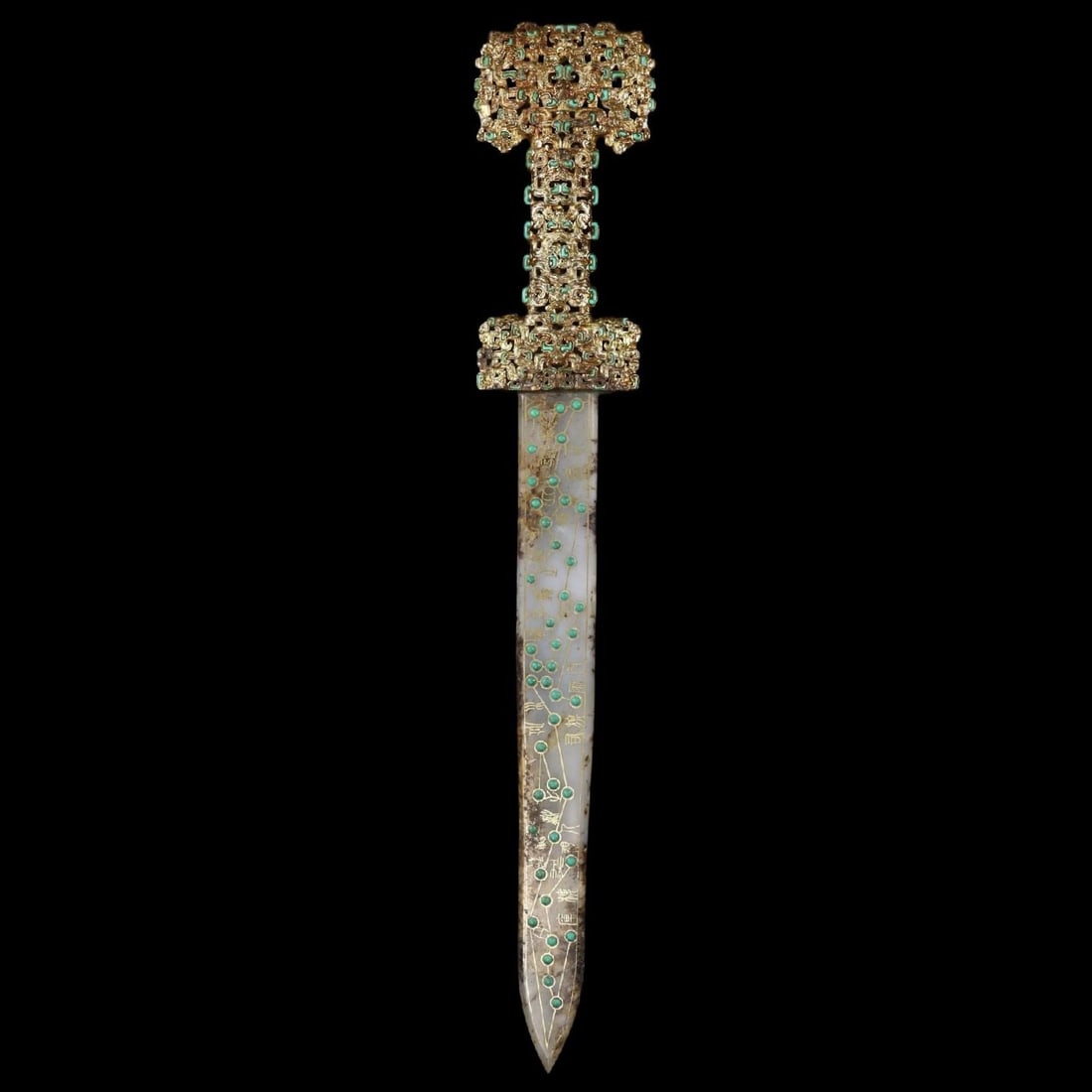 A Exquisite Hotan Jade Gold and Silver Inlaid Turquoise Sword: A Exquisite Hotan Jade Gold and Silver Inlaid Turquoise Sword,Han Dynasty, China,Size:1.2inx22inx3.9in,Weight:900g