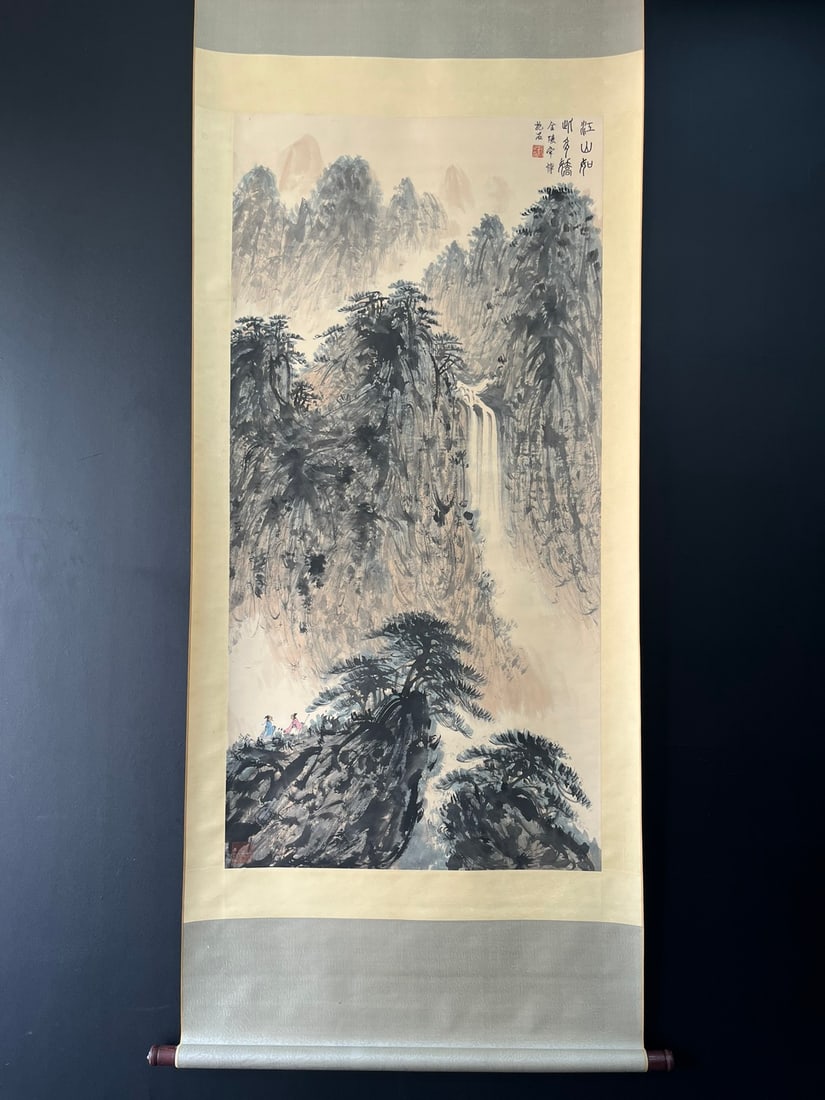 A Chinese Vertical Scroll Ink Painting of Landscape on Paper: A Chinese Vertical Scroll Ink Painting of Landscape on Paper,Modern Time of China,Fu Baoshi,without frame size:26.8inx54.7in