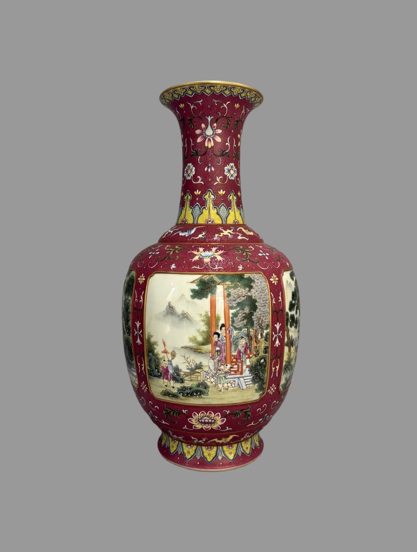 A Exquisite Ruby Red-Ground Figures Pattern Vase - 6