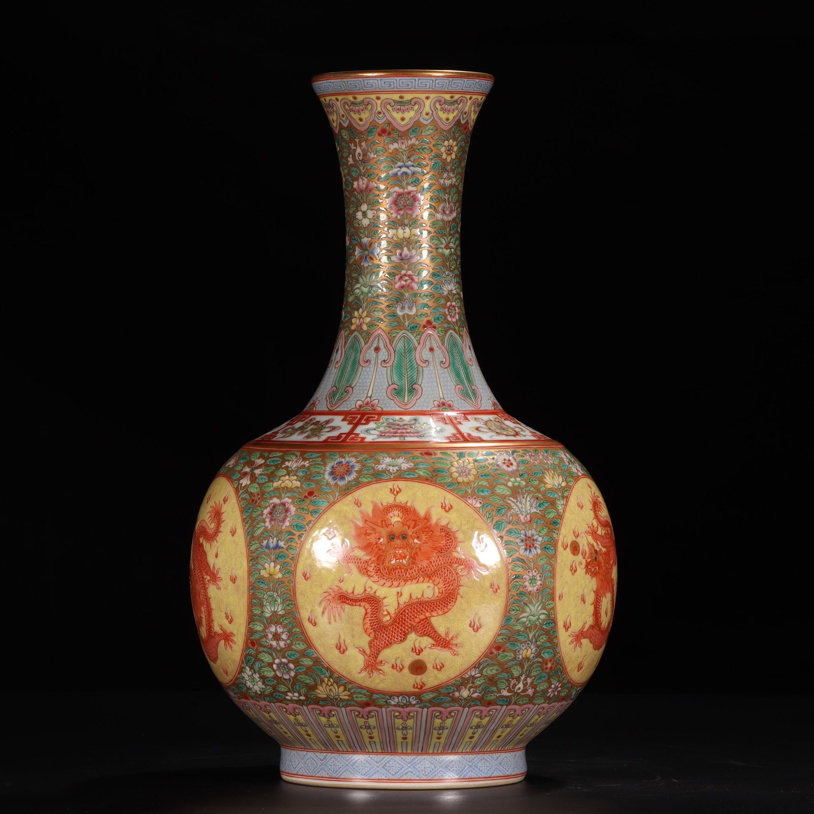 Gold Ground Famille-Rose Lotus Dragon Pattern Vase: Gold Ground Famille-Rose Lotus Dragon Pattern Vase,Qing Dynasty, China,Qianlong Four-character Mark,Size:12.4inx3.3inx4.3in
