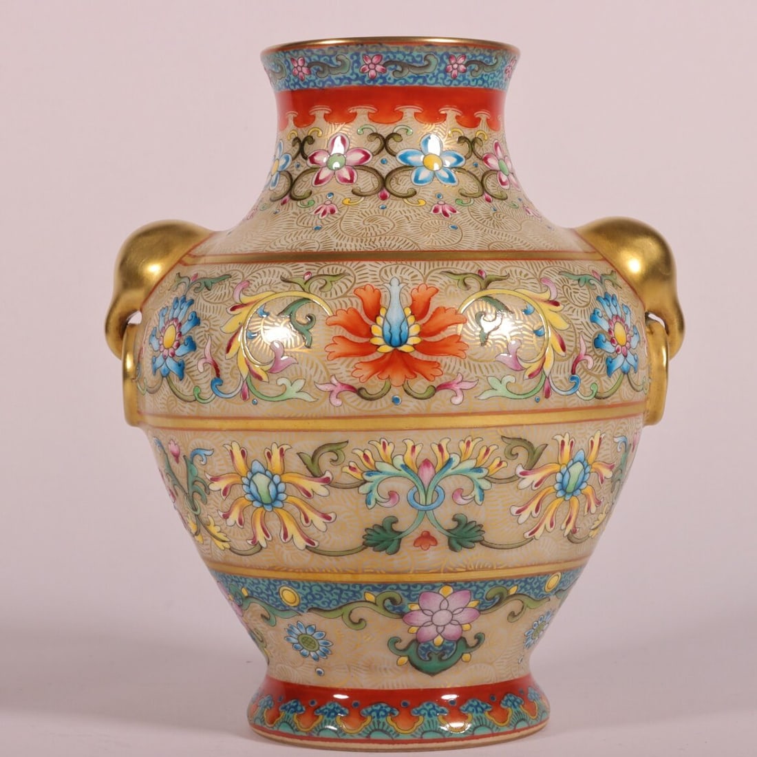 A Exquisite Enamel Painted Gold Lotus Pattern Lion-Ears Vase: A Exquisite Enamel Painted Gold Lotus Pattern Lion-Ears Vase,Qing Dynasty, China,Yongzheng Four-character Mark,Size:5.5inx4.3in