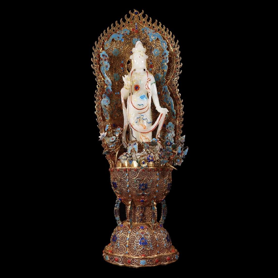 A Exquisite Filigree Gilt Inlaid Hotan White Jade Statue of Avalokitesvara Ornament: A Exquisite Filigree Gilt Inlaid Hotan White Jade Statue of Avalokitesvara Ornament,Qing Dynasty, China,Qianlong Four-character Mark,Size:24.8inx8.7inx7.1in,Weight:4200g