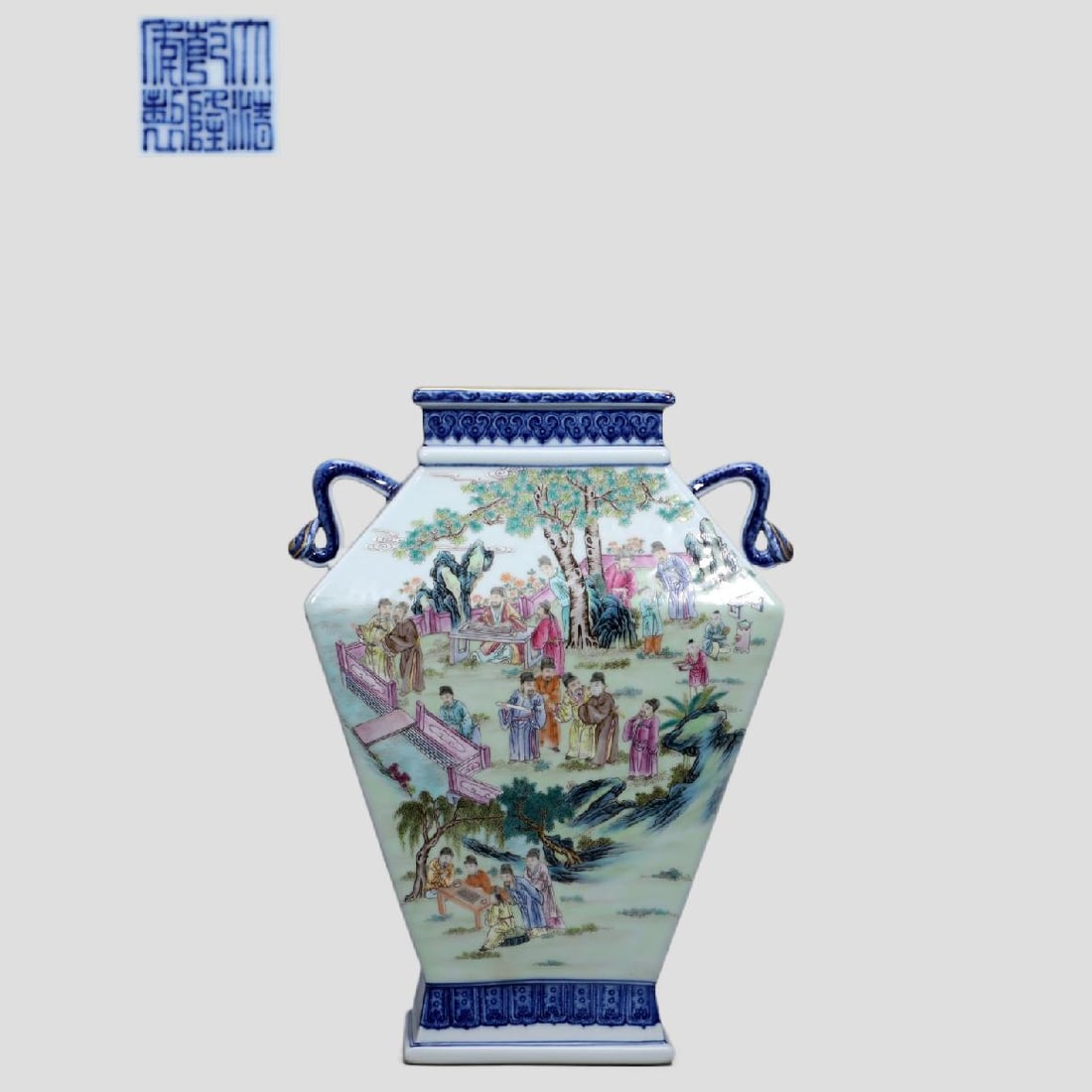 A Exquisite Blue and White Figures Pattern Ruyi-Ears Vase: A Exquisite Blue and White Figures Pattern Ruyi-Ears Vase,Qing Dynasty, China,Qianlong Six-character Mark,Size:15inx5.4inx10.4in(Mouth Diameter)5.7inx3.1in(Base Diameter)6inx4.1in,Weight:4718g