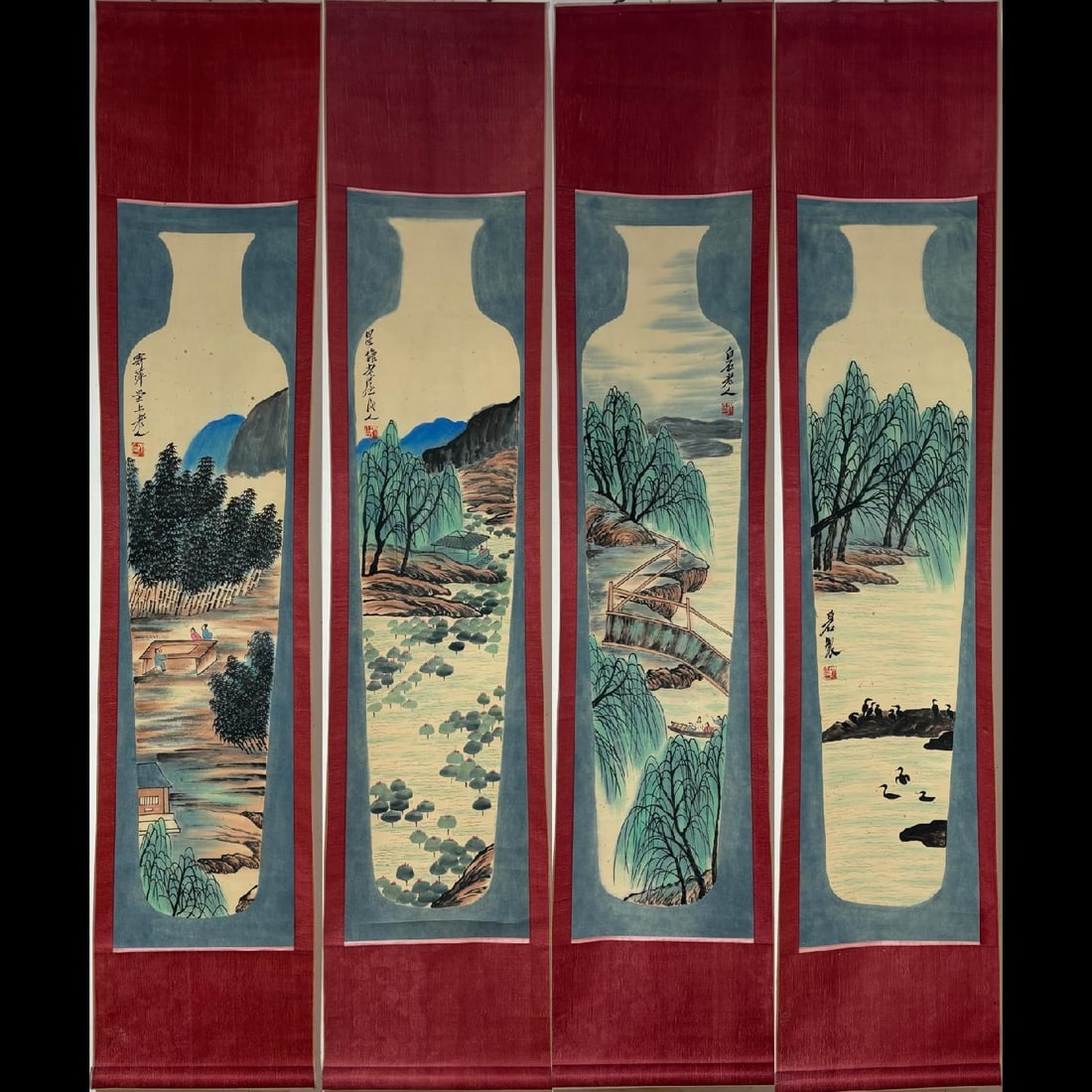 A Set of Chinese Vertical Scroll Ink Landscape Paintings on Paper: A Set of Chinese Vertical Scroll Ink Landscape Paintings on Paper,Modern Time of China,Qi Baishi,without frame size:53.7inx13in