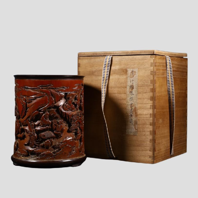 A Exquisite Bamboo Carved Character and Story Pattern Brush Pot: A Exquisite Bamboo Carved Character and Story Pattern Brush Pot,Qing Dynasty, China,With Mark,Size:5.5in(Diameter)x6.7in(Height)