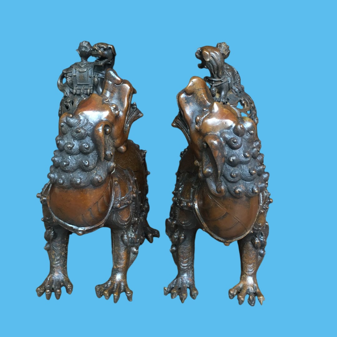 A pair of Exquisite Copper-Bodied Auspicious Beast Censer: A pair of Exquisite Copper-Bodied Auspicious Beast Censer,Ming Dynasty, China,Size:11inx4.3inx9.1in,Weight:7040g 一对铜瑞兽炉,中国明代