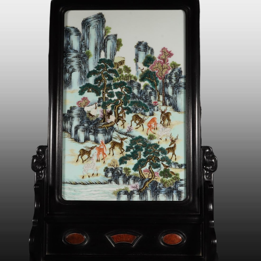 A Exquisite Famille-Rose Pine and Deer & Crane Pattern Table Screen: A Exquisite Famille-Rose Pine and Deer & Crane Pattern Table Screen,Qing Dynasty, China,Size:24inx14.8in 粉彩鹿鹤纹插屏,中国清代