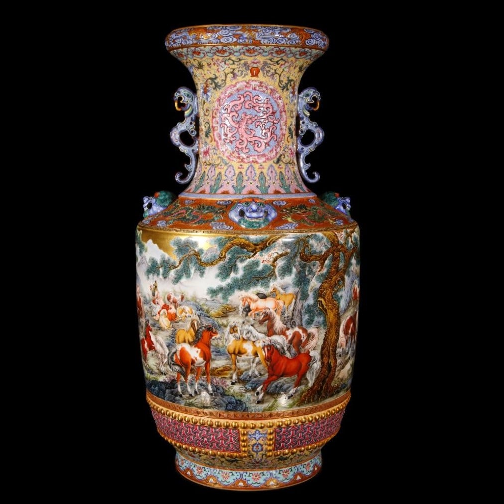A Exquisite Enamel Lotus Pattern Horse Pattern Vase: A Exquisite Enamel Lotus Pattern Horse Pattern Vase,Qing Dynasty, China,Qianlong Four-character Mark,Size:33.1inx11.4inx11.6in 珐琅彩缠枝莲马纹瓶,