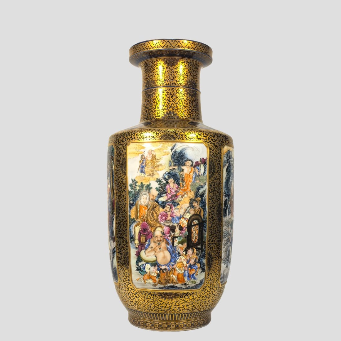 A Exquisite Enamel Painted Gold Statue of Arhat Pattern Vase: A Exquisite Enamel Painted Gold Statue of Arhat Pattern Vase,Qing Dynasty, China,Qianlong Four-character Mark,Size:20.5inx6.5inx11.4inx6.1in 珐琅彩描金罗汉