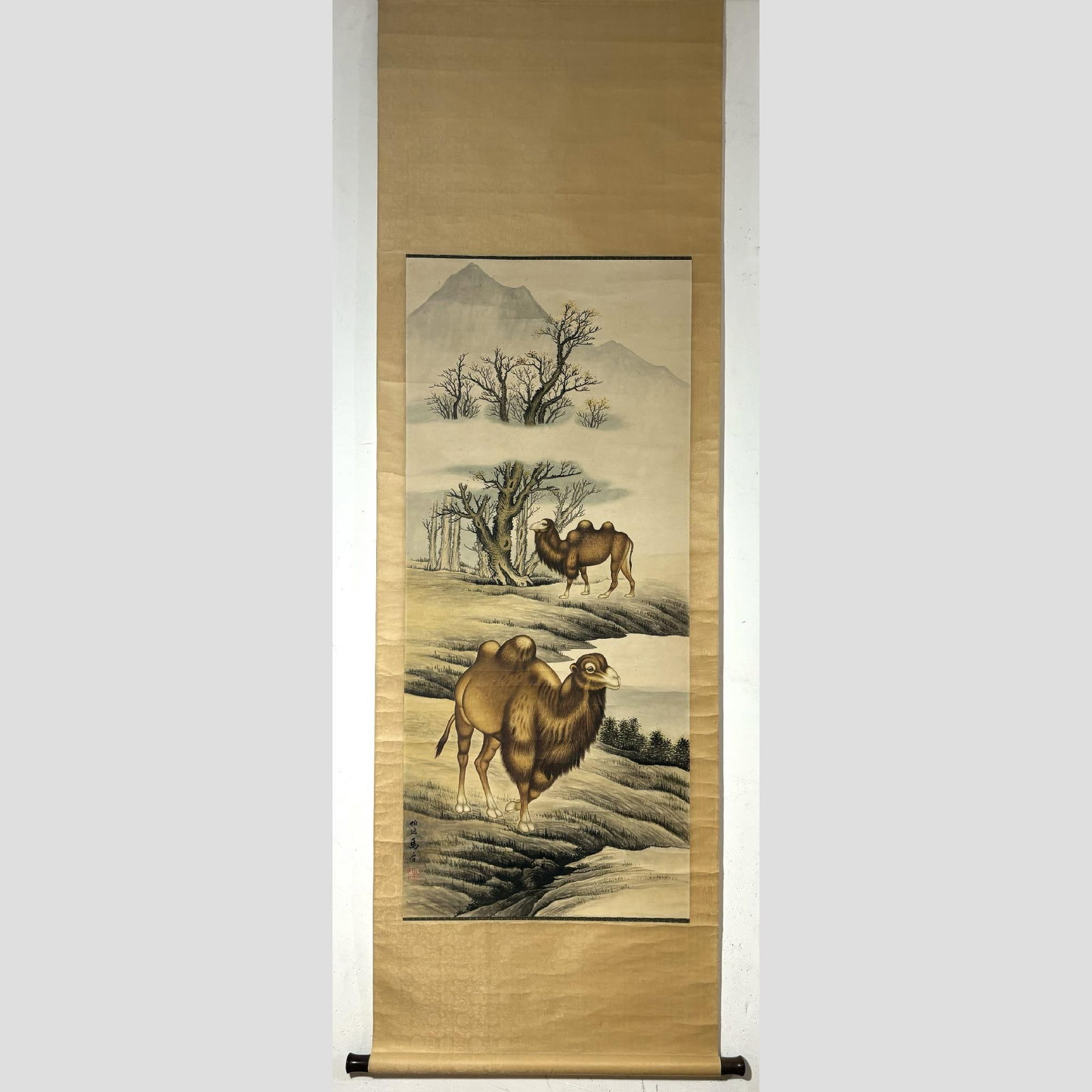 A Chinese Vertical Scroll Ink Camel Painting on Paper: A Chinese Vertical Scroll Ink Camel Painting on Paper,Modern Time of China,Ma Jin,without frame size:51.6inx22.4in