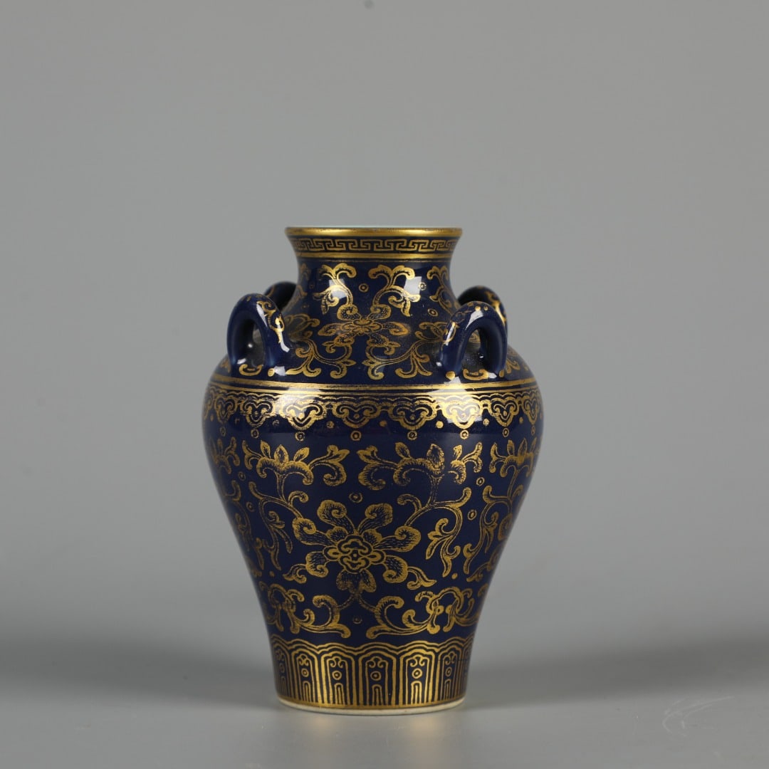 A Exquisite Ji Blue Glazed Painted Gold Lotus Pattern Vase: A Exquisite Ji Blue Glazed Painted Gold Lotus Pattern Vase,Qing Dynasty, China,Qianlong Six-character Mark,Size:4.7inx3.1in