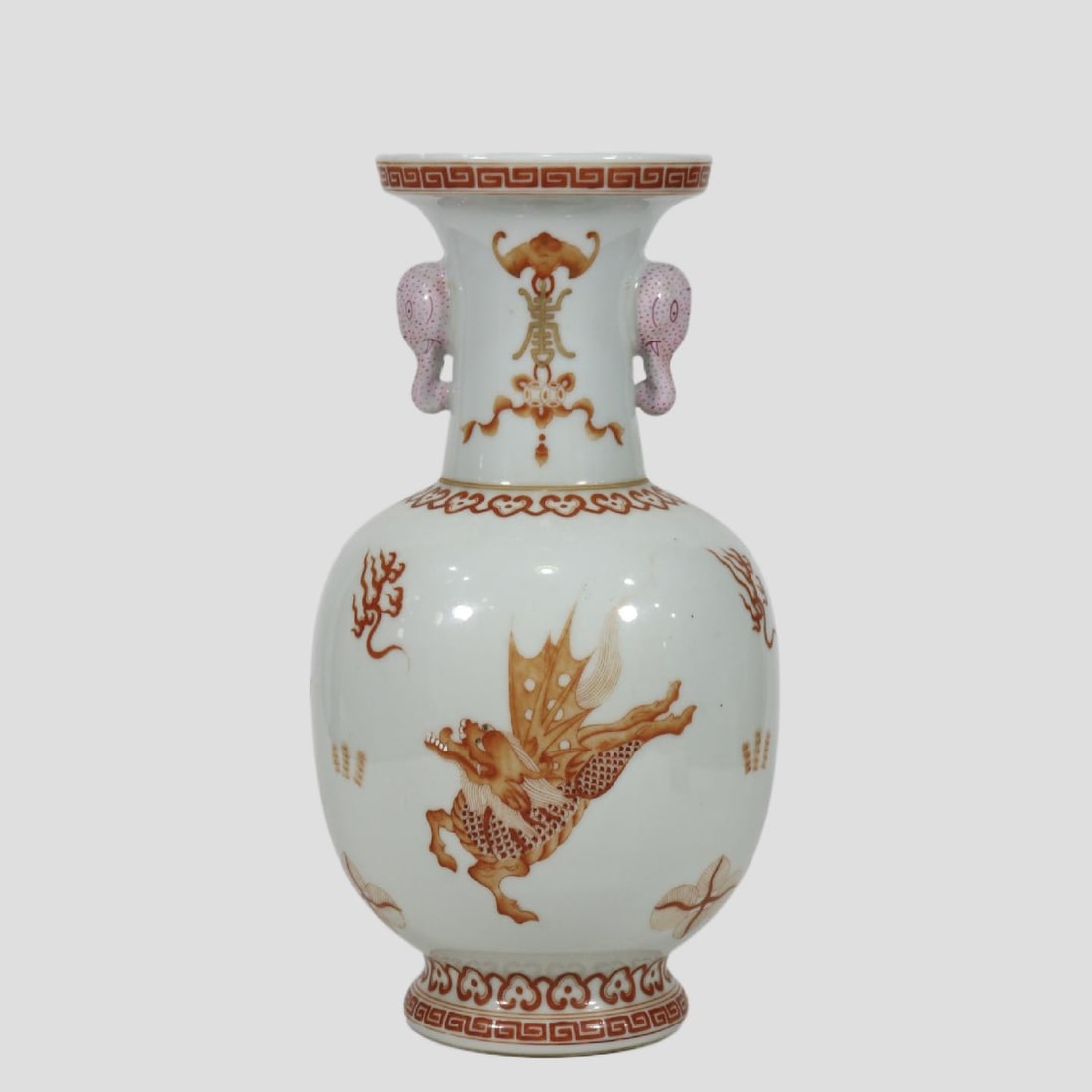 A Exquisite Iron Red Auspicious Beast Pattern Double Ears Vase: A Exquisite Iron Red Auspicious Beast Pattern Double Ears Vase,Qing Dynasty, China,Xianfeng Six-character Mark,Size:12.1inx6.3in