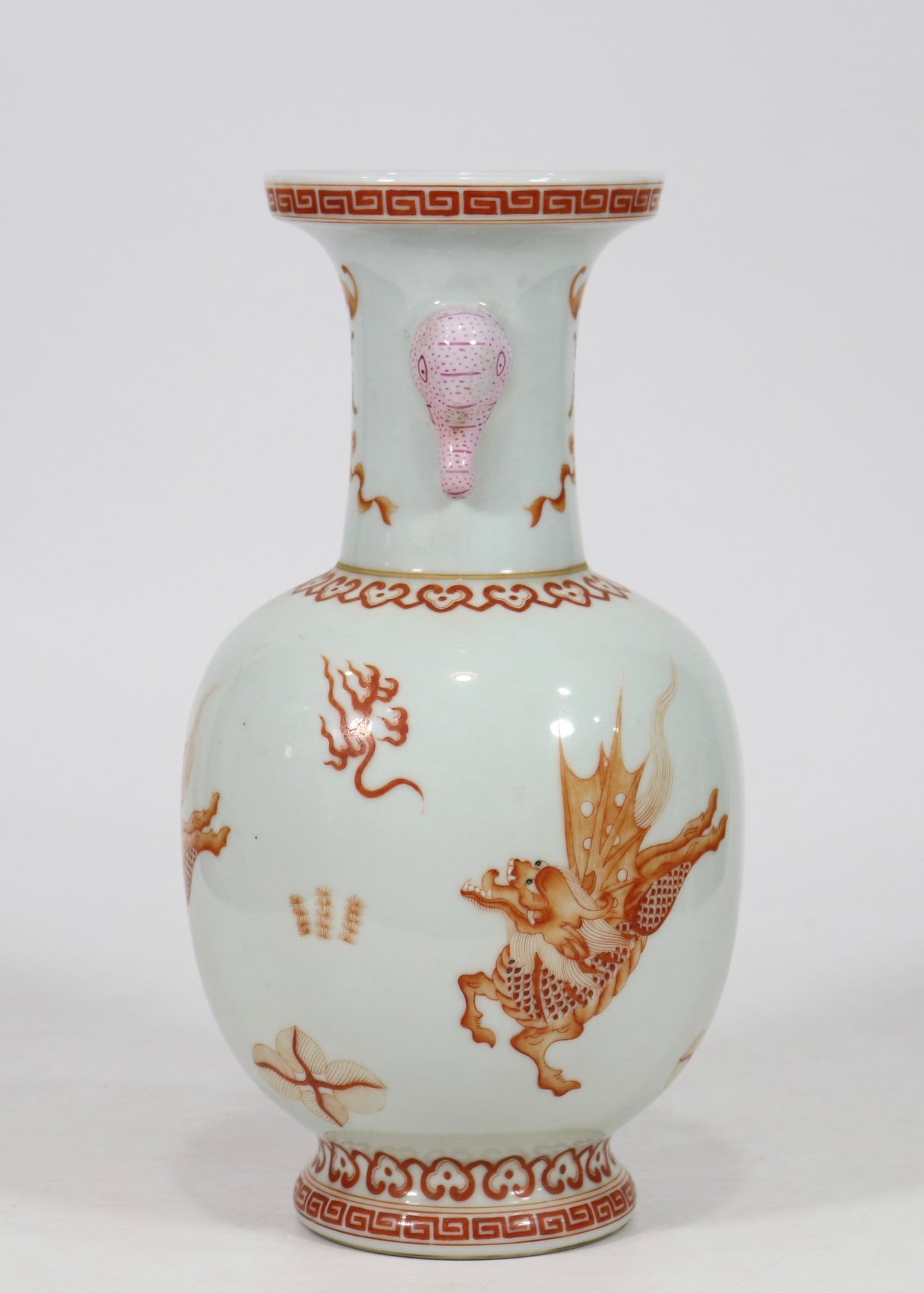 A Exquisite Iron Red Auspicious Beast Pattern Double Ears Vase - 2