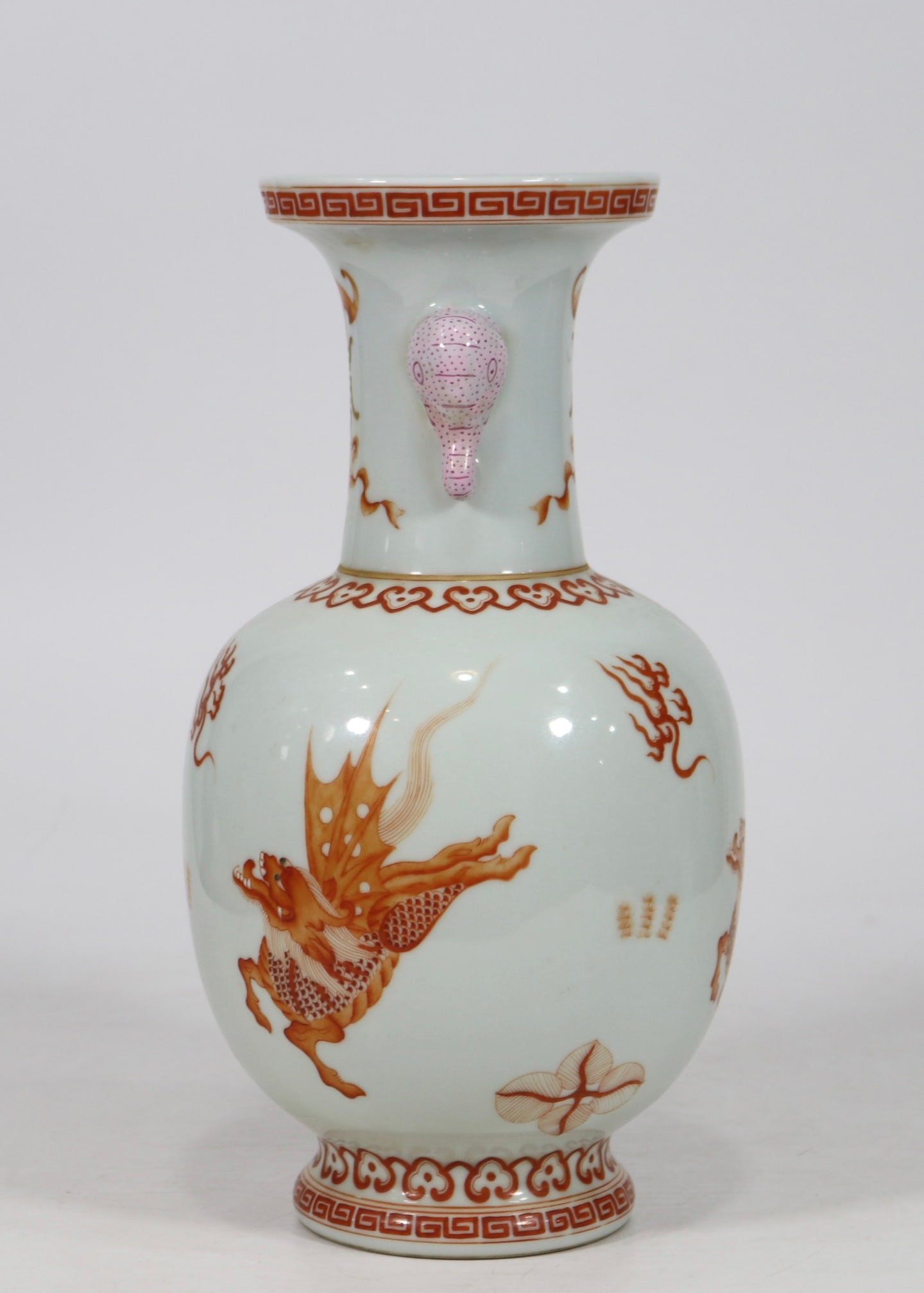 A Exquisite Iron Red Auspicious Beast Pattern Double Ears Vase - 4
