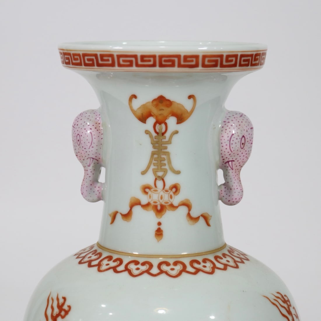 A Exquisite Iron Red Auspicious Beast Pattern Double Ears Vase - 5