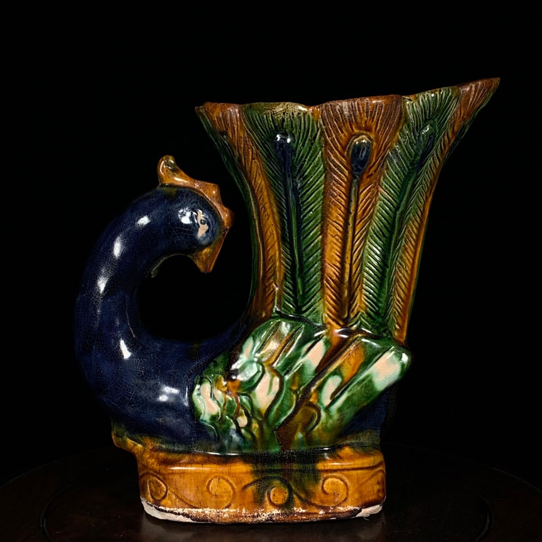 A Exquisite Tang Tri-Color Glazed Pottery Peacock Vase: A Exquisite Tang Tri-Color Glazed Pottery Peacock Vase,Tang Dynasty, China,Size:9.8inx9.1in 唐三彩孔雀瓶,中国唐代