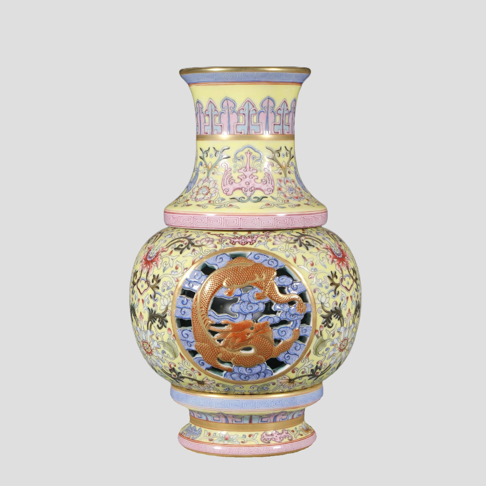 A Exquisite Yellow Ground Famille-Rose Lotus Pattern Dragon Pattern Vase: A Exquisite Yellow Ground Famille-Rose Lotus Pattern Dragon Pattern Vase,Qing Dynasty, China,Qianlong Four-character Mark,Size:10.2inx3.5inx3.5in