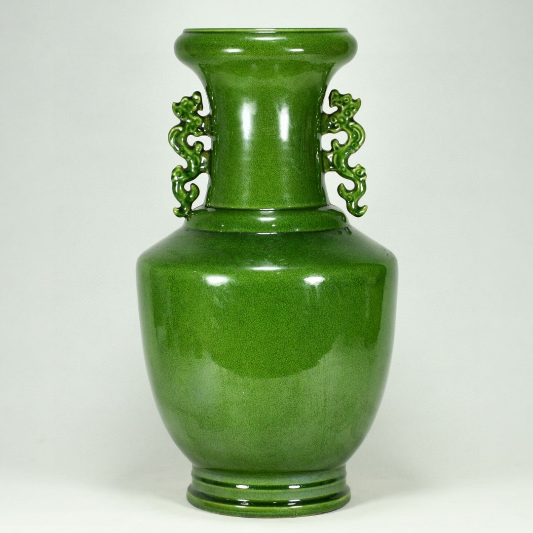 A Exquisite Jadeite Green Glazed Dragon-Ears Vase: A Exquisite Jadeite Green Glazed Dragon-Ears Vase,Qing Dynasty, China,Kangxi Six-character Mark,Size:15inx7.9in