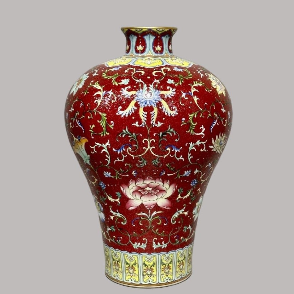 A Exquisite Ruby Red-Glazed Ground Lotus Pattern Vase: A Exquisite Ruby Red-Glazed Ground Lotus Pattern Vase,Qing Dynasty, China,Qianlong Six-character Mark,Size:14.6inx3.3inx9.8inx5.2in