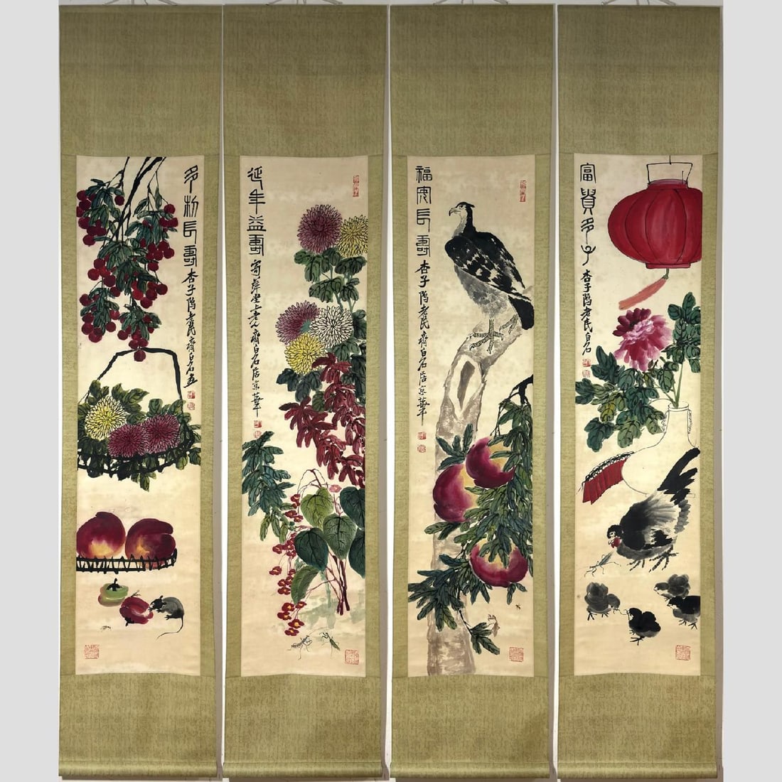 A Set of Chinese Vertical Scroll Ink Flower-and-Bird Paintings on Paper: A Set of Chinese Vertical Scroll Ink Flower-and-Bird Paintings on Paper,Modern Time of China,Qi Baishi,without frame size:54.7inx13.4in