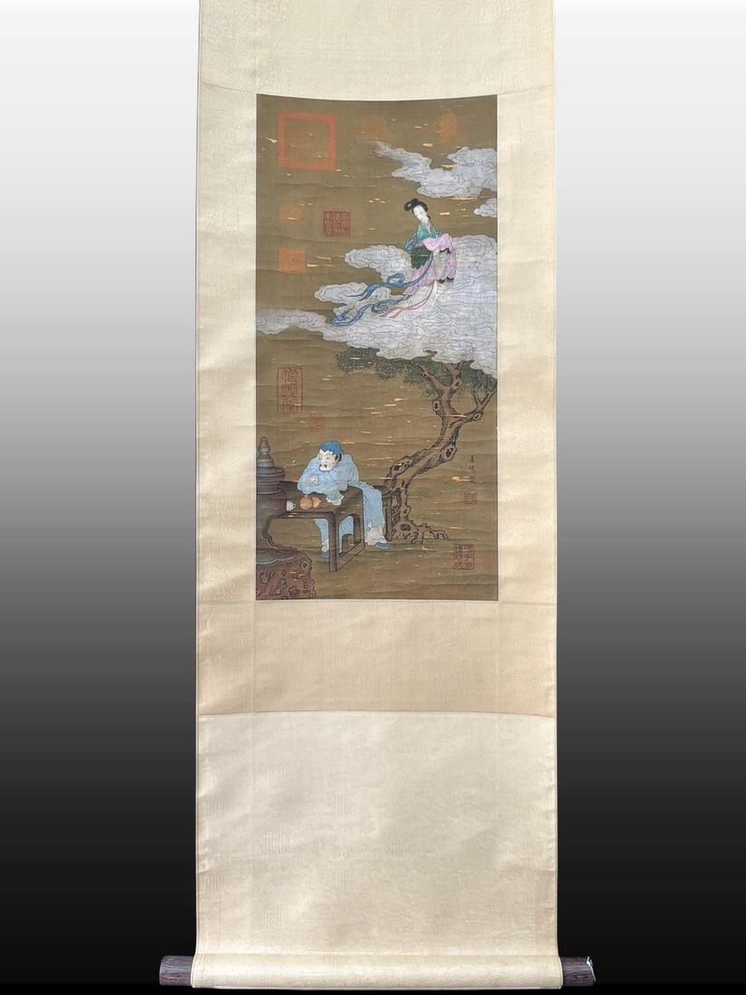 A Chinese Vertical Scroll Ink Painting of Figures on Silk: A Chinese Vertical Scroll Ink Painting of Figures on Silk,Ming Dynasty, China,Jiang Yin,without frame size:11.6inx24.4in
