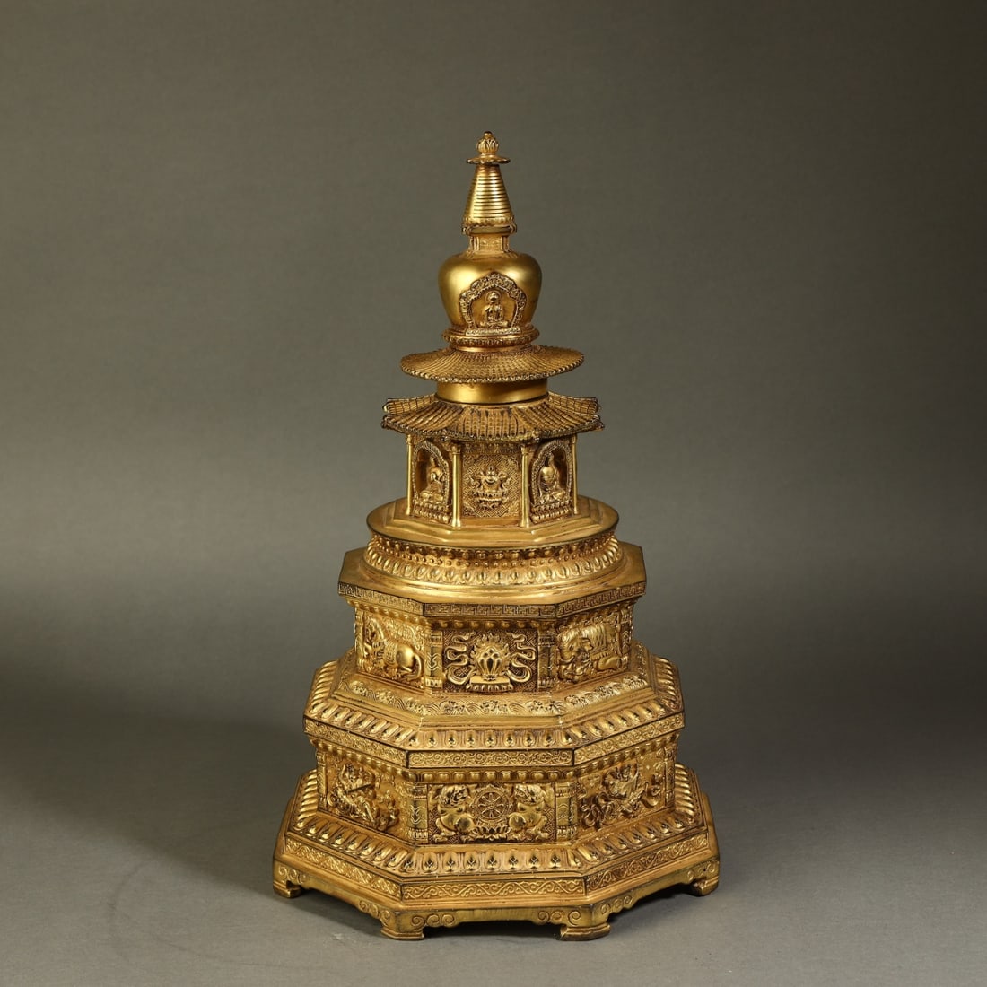 A Exquisite Gilt Bronze Pagoda: A Exquisite Gilt Bronze Pagoda,Ming Dynasty, China,Size:9.4inx15.2in,Weight:5000g 铜鎏金佛塔,中国明代