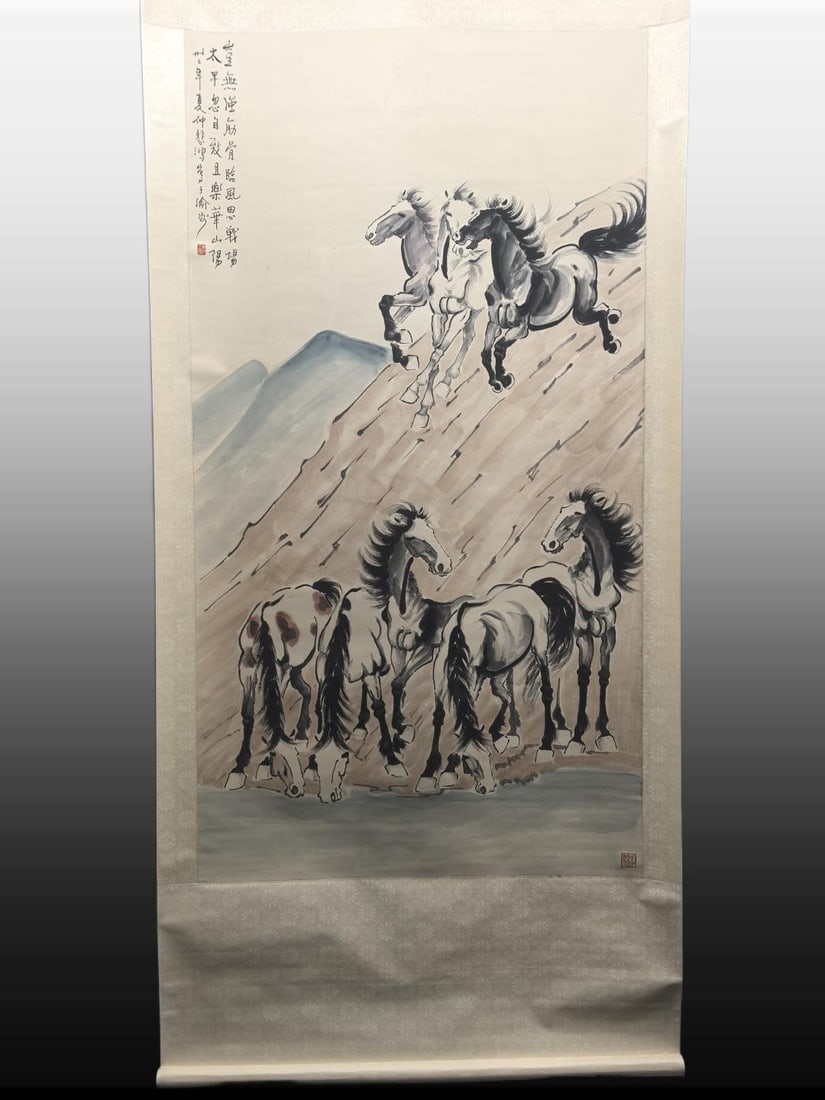 A Chinese Vertical Scroll Ink Painting of Horse on Paper: A Chinese Vertical Scroll Ink Painting of Horse on Paper,Modern Time of China,Xu Beihong,without frame size:37.8inx70.7in