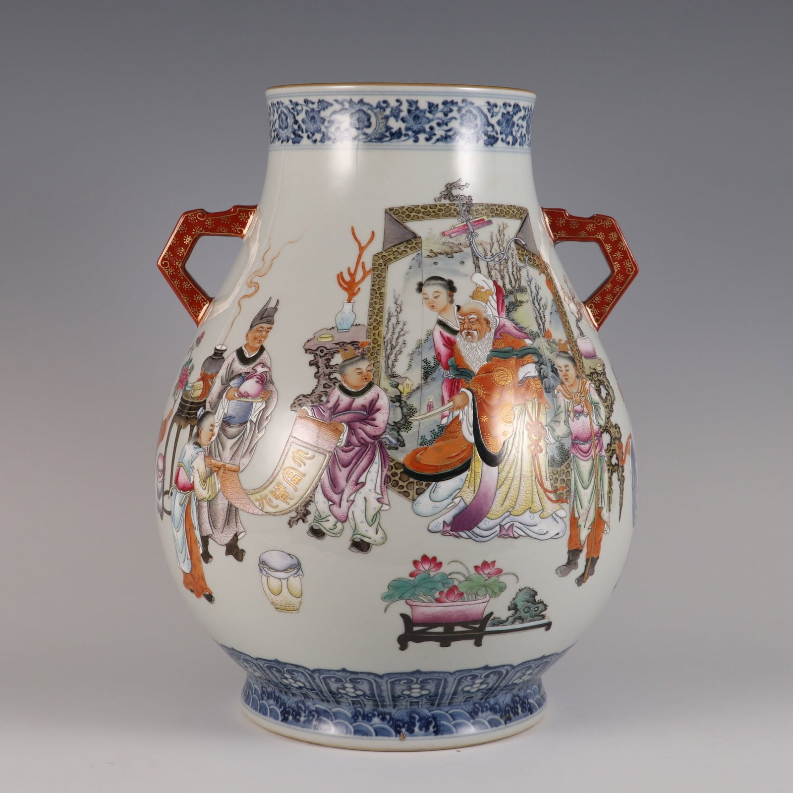A Exquisite Blue and White Famille-Rose Figures Pattern Double-Ears Vase: A Exquisite Blue and White Famille-Rose Figures Pattern Double-Ears Vase,Qing Dynasty, China,Qianlong Six-character Mark,Size:14.4inx10.2inx6.1in