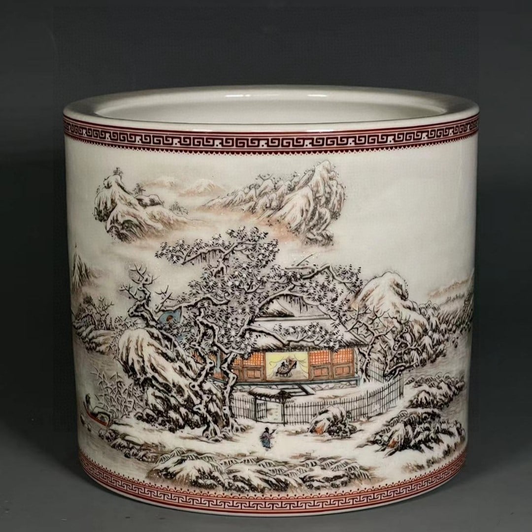 A Exquisite Famille-Rose Landscape Pattern Brush Pot: A Exquisite Famille-Rose Landscape Pattern Brush Pot,Republic of China,With Mark,Size:5.7inx6.4inx6.2in 粉彩山水纹笔筒,民国,带款