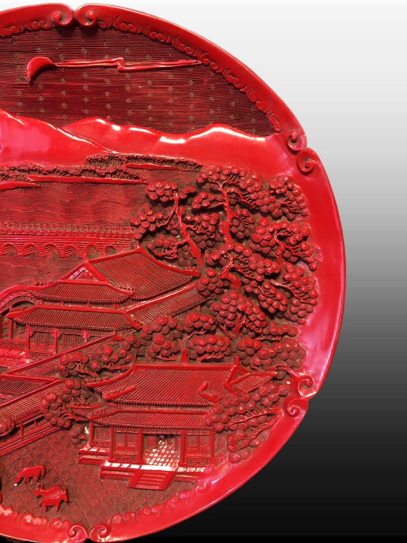 A Exquisite Carved Red Lacquer Landscape Pattern Plate - 3