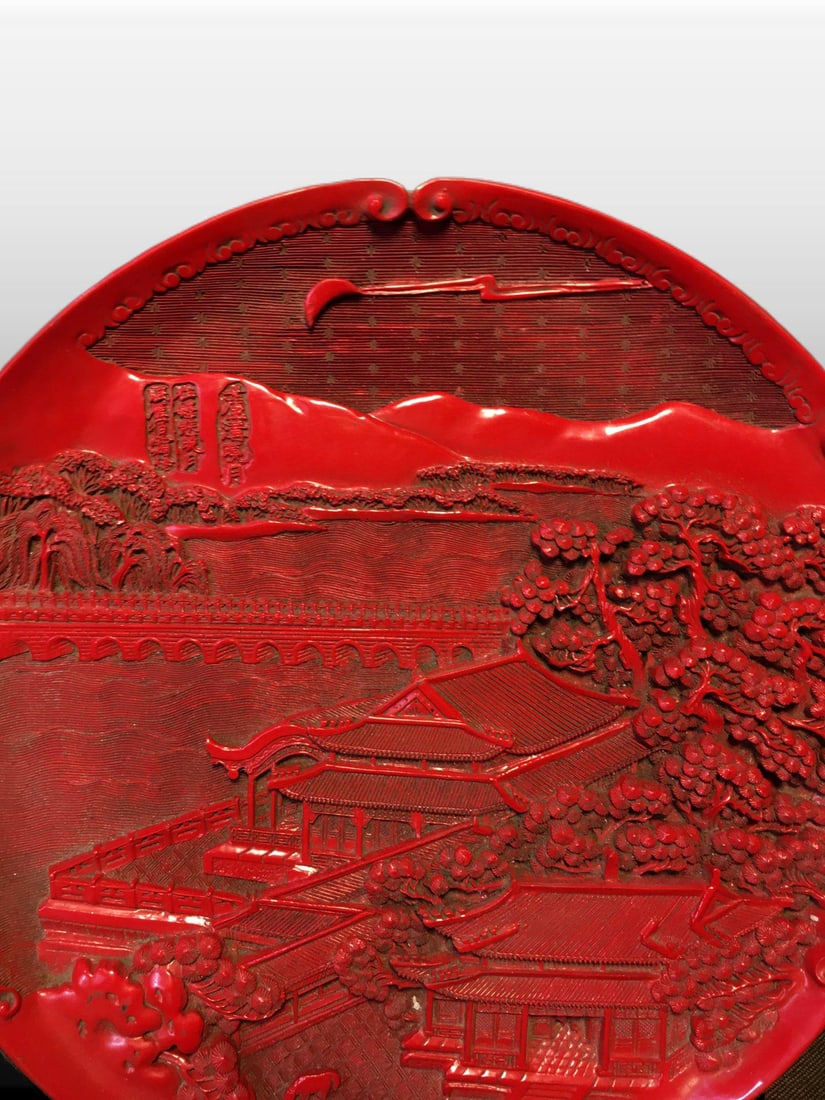 A Exquisite Carved Red Lacquer Landscape Pattern Plate - 5